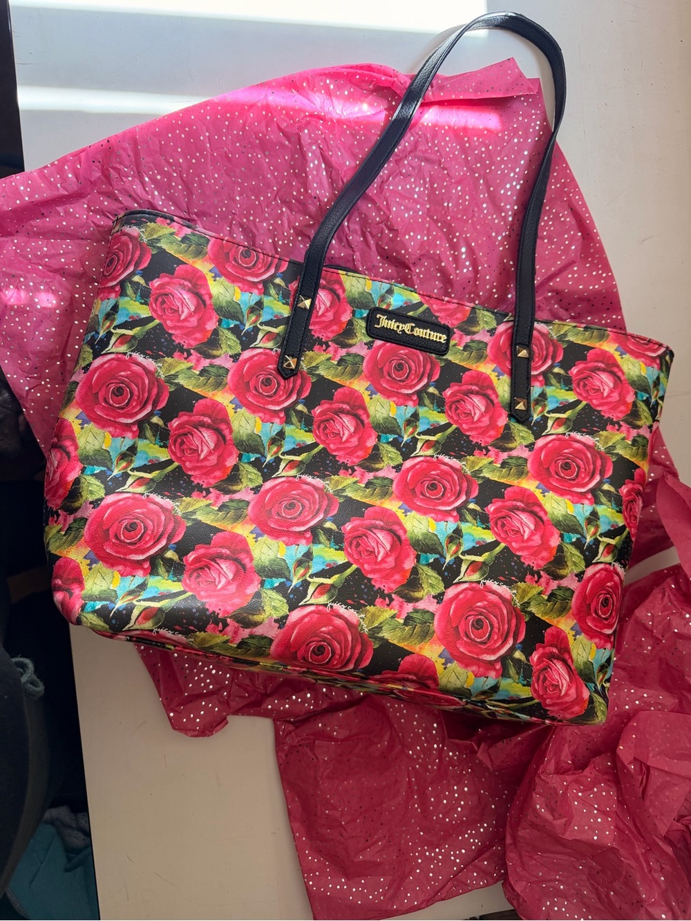 Juicy Couture Red Rose Print Tote with Black Handles